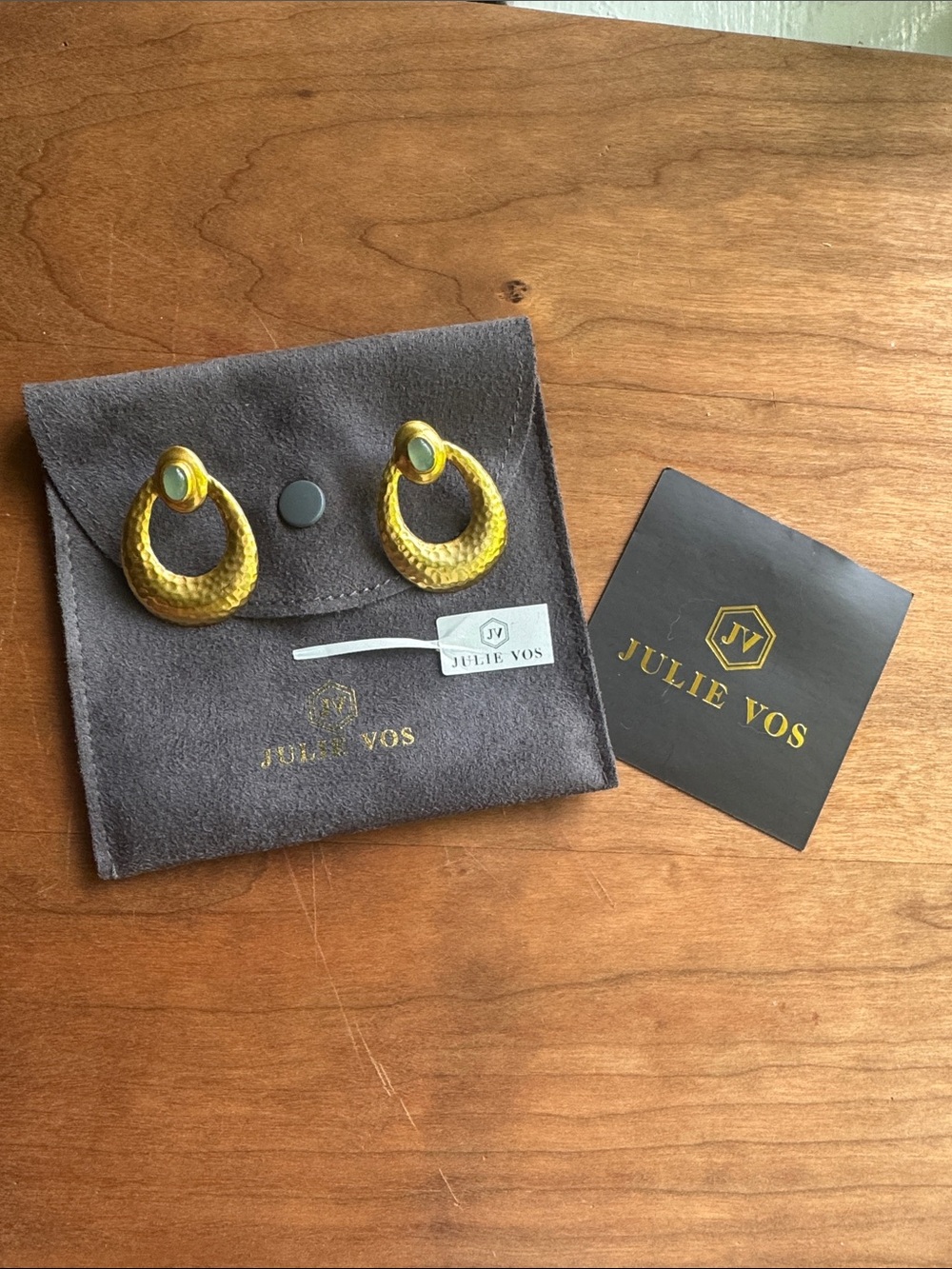 Julie Vos Gold Hammered Open Drop Earrings with Green Cabochon - Picture 2 of 2